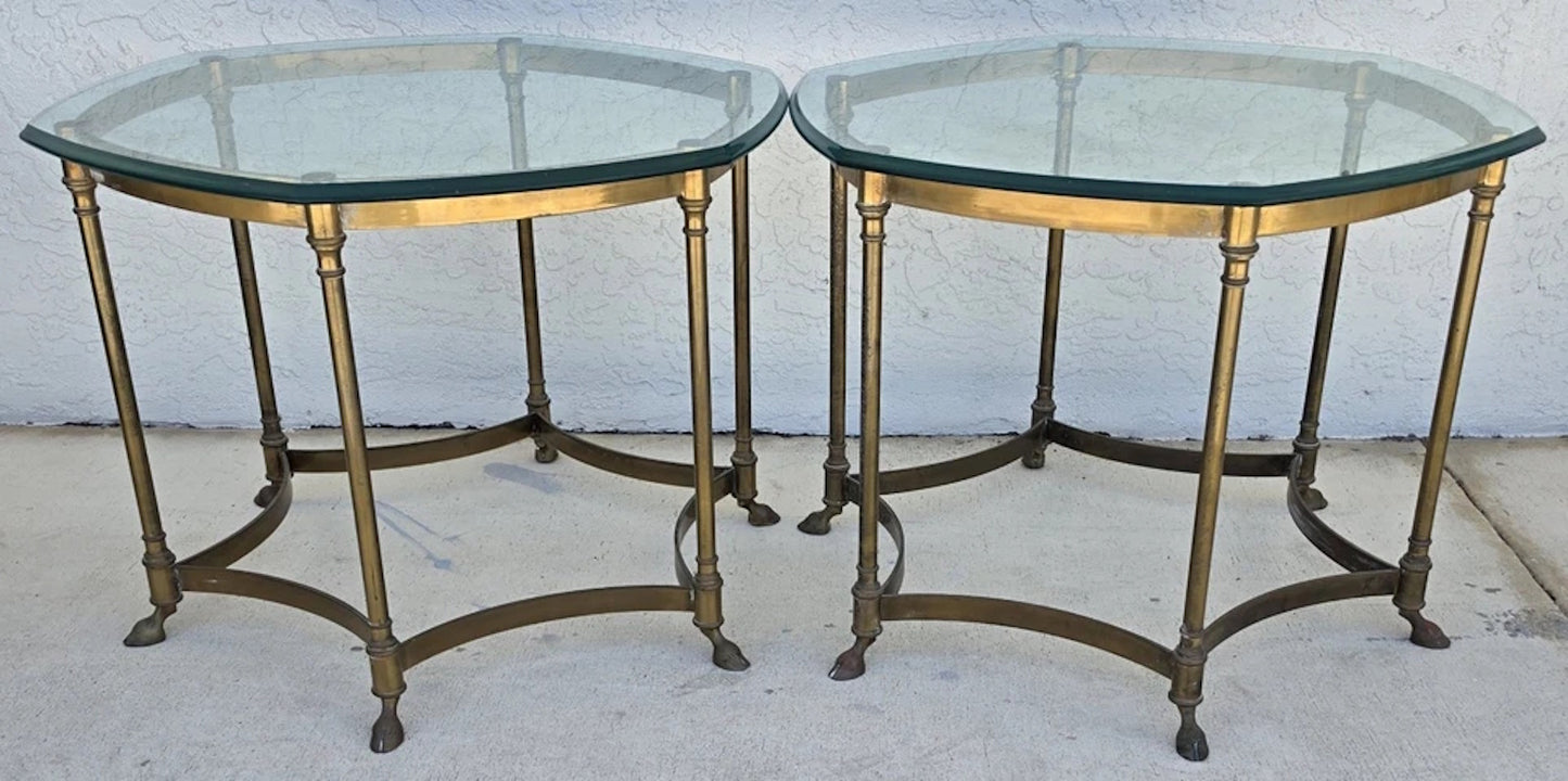 Vintage Labarge Side Tables Brass Glass Hoof Footed Octagonal Pair