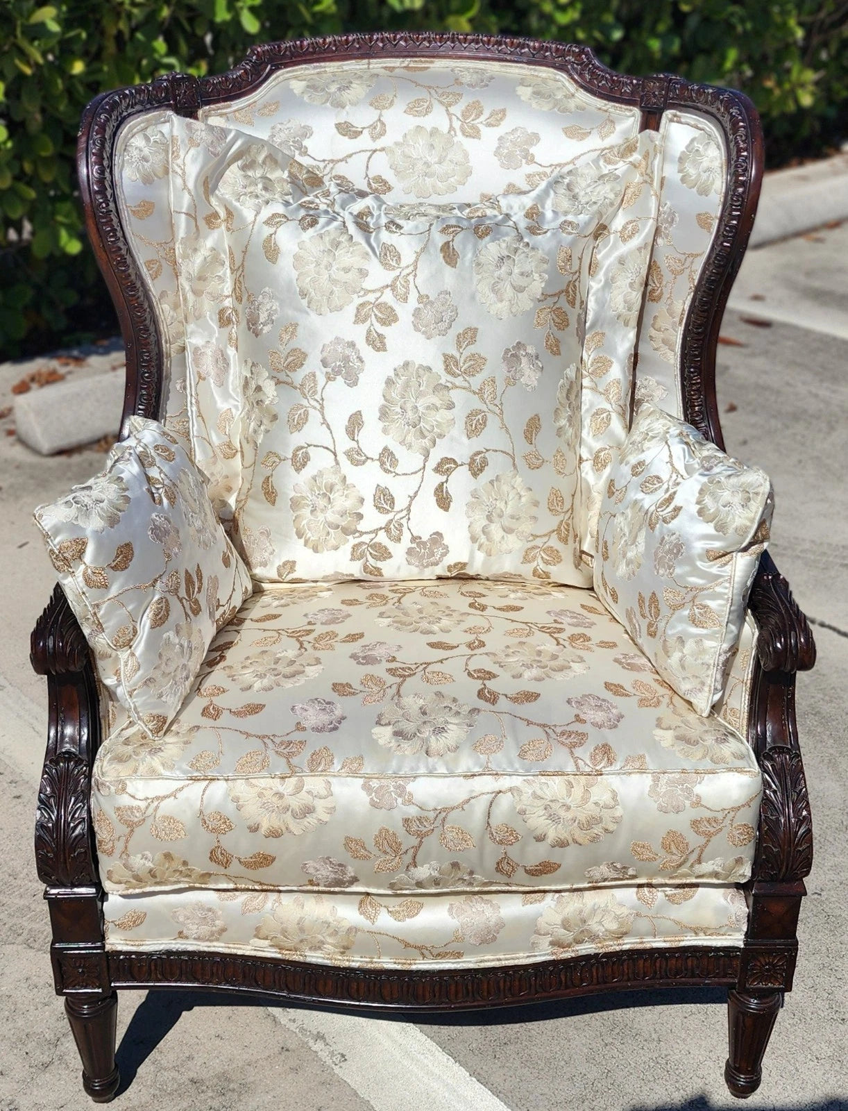 Marge Carson Wingback Chair Embroidered Silk with 7 Pillows