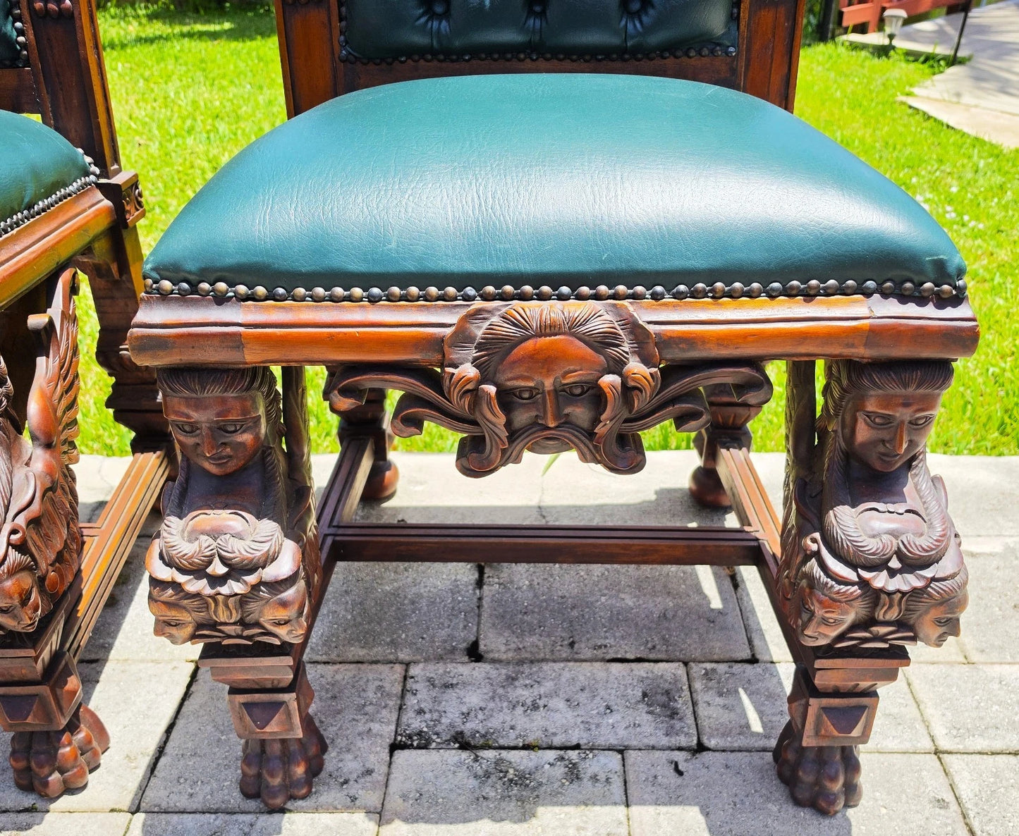 Antique Italian Renaissance Revival Hand Carved Dining Chairs Set of 4