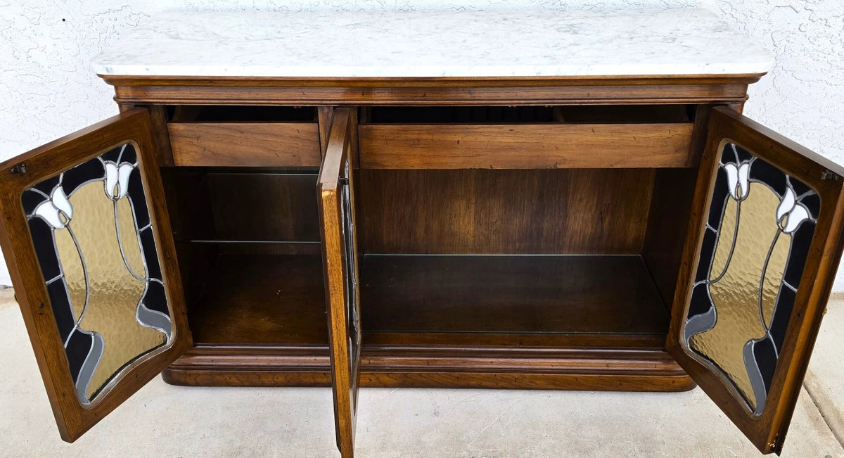 Drexel Et Cetera Art Nouveau Leaded Glass Marble Top Buffet Sideboard Dry Bar