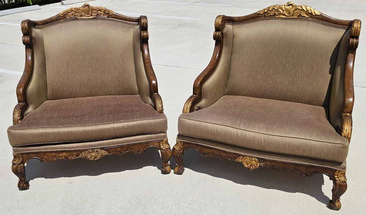 Marge Carson Style French Louis XV Ornate Caved Settees Loveseats Pair