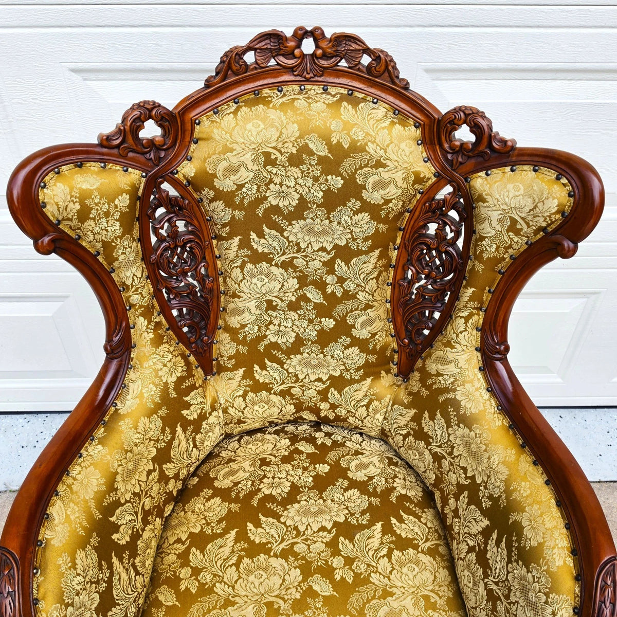 Victorian Rococo Revival Carved Bird Crest Music Room Wingback Armchair