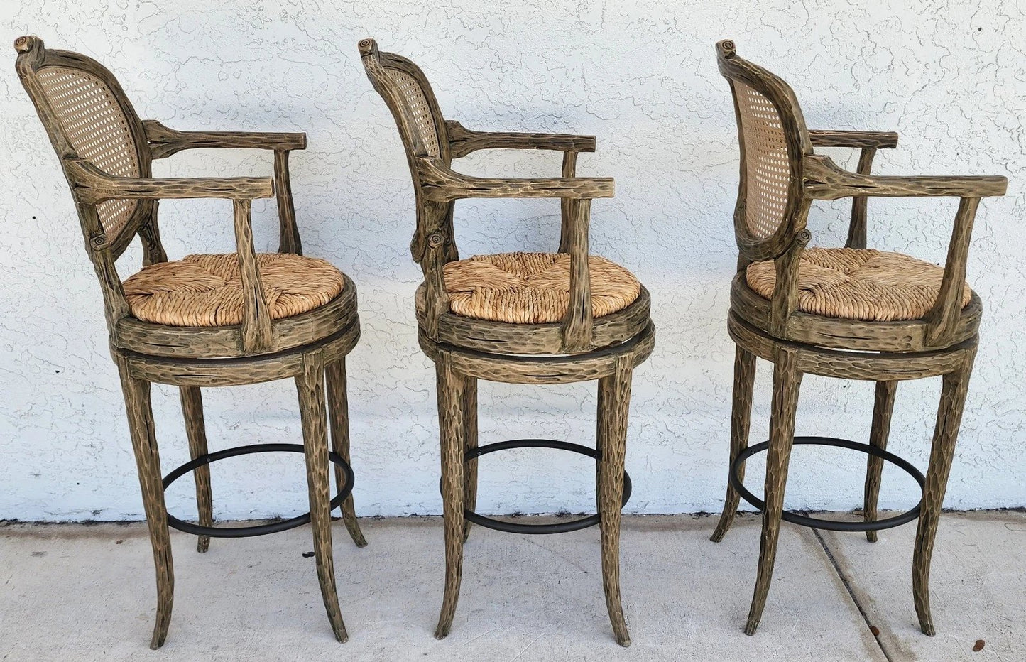 French Country Barstools Faux Bois Swivel Set of 3