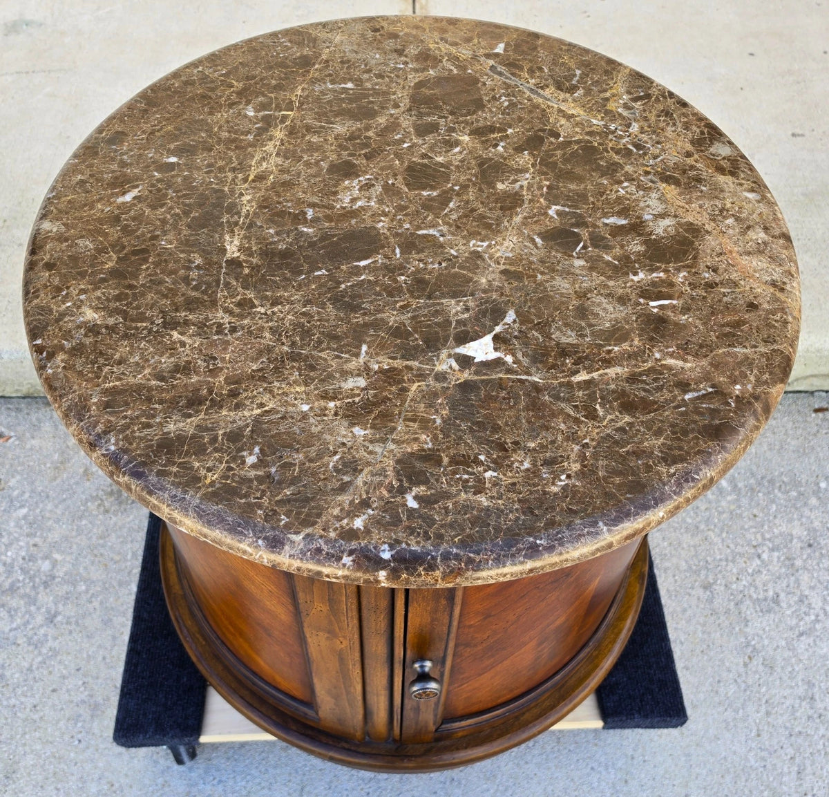 Vintage Round Brown Marble Top Drum Side Center Table With Storage Cabinet