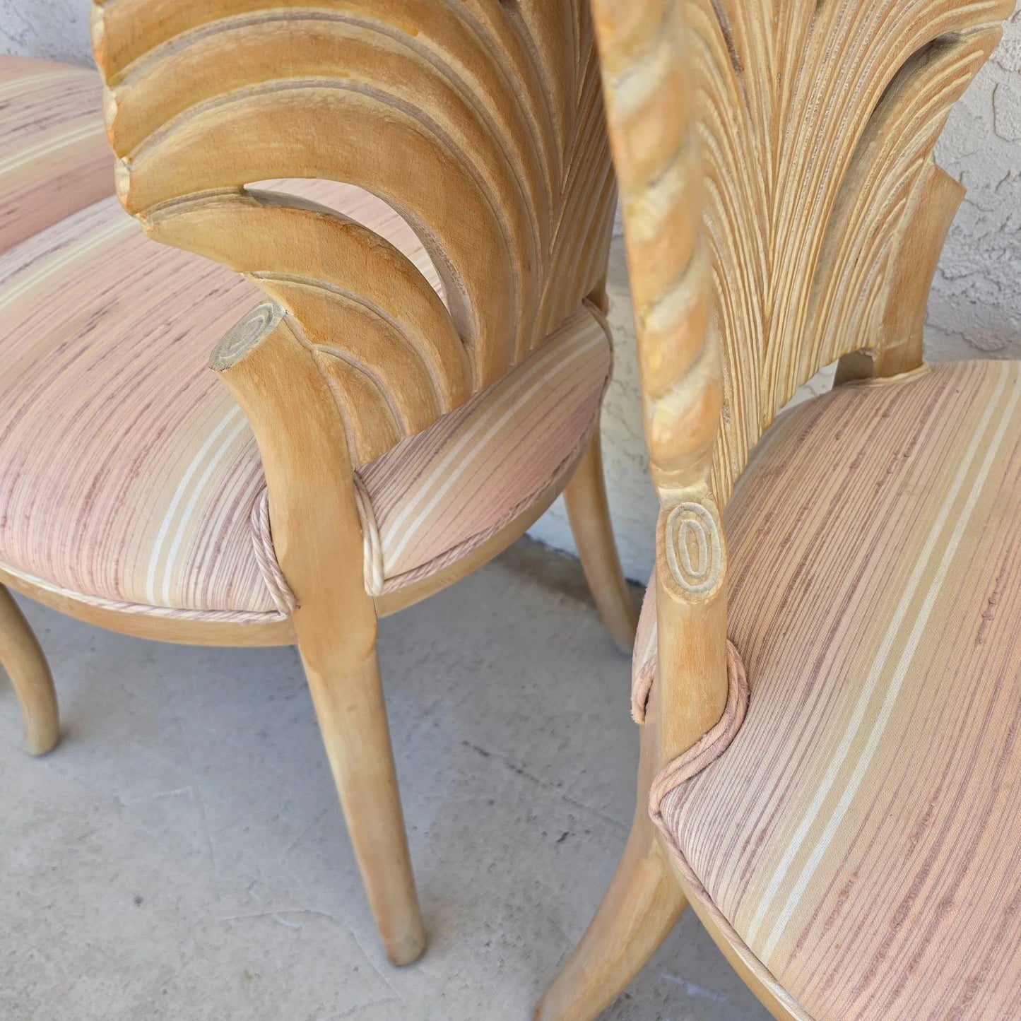 Vintage Venetian Grotto Style Carved Wood Palm Leaf Dining Chairs Set of 4