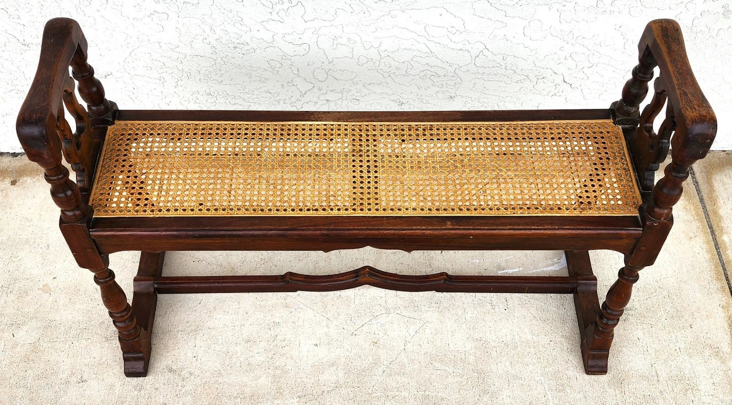 Antique English Walnut & Cane Window Bench