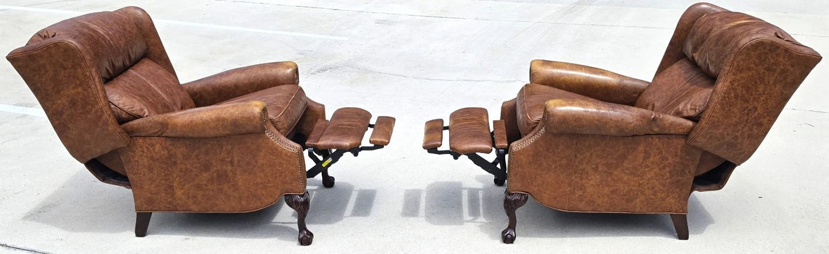 Vintage MOTIONCRAFT Chippendale Leather Wingback Recliners Ball & Claw Pair