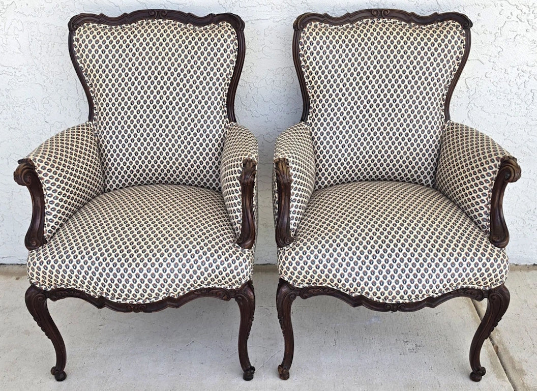 Pair of Antique French Provincial Louis XV Walnut Bergere Armchairs