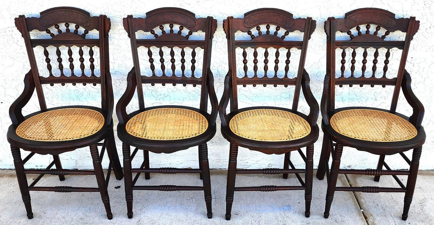 Antique Eastlake Victorian Style Walnut Cane Seat Side Dining Chairs Set of 4