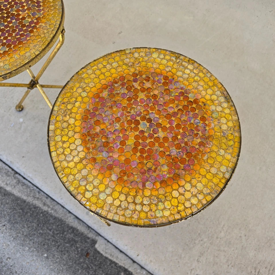 Italian Gold Gilt Folding Mosaic Side Drink Tables 1960s Pair