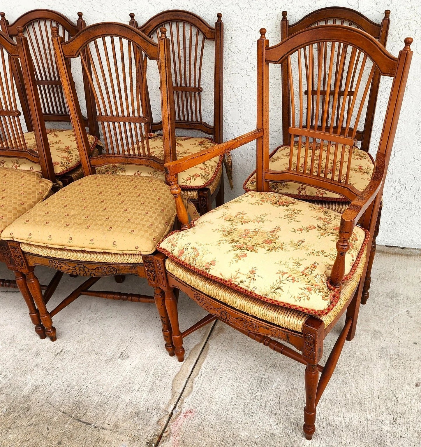 French Country Dining Chairs Rush Seats Wheat Backs with Cushions Set of 8