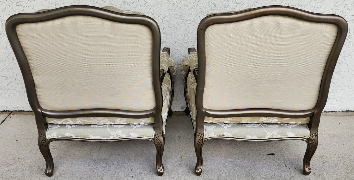Vintage French Louis XV Armchairs Damask Linen Pair