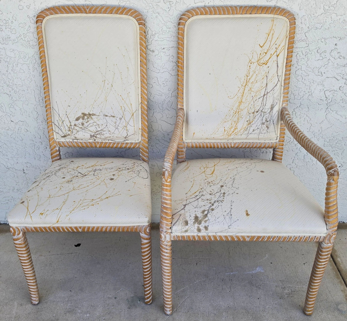 Set of 6 Coastal Carved Rope Solid Wood Dining Chairs With Abstract Upholstery