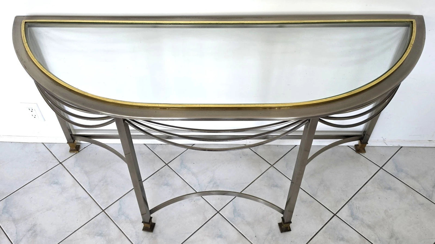 Vintage Hollywood Regency Demilune Chrome & Brass Console Table