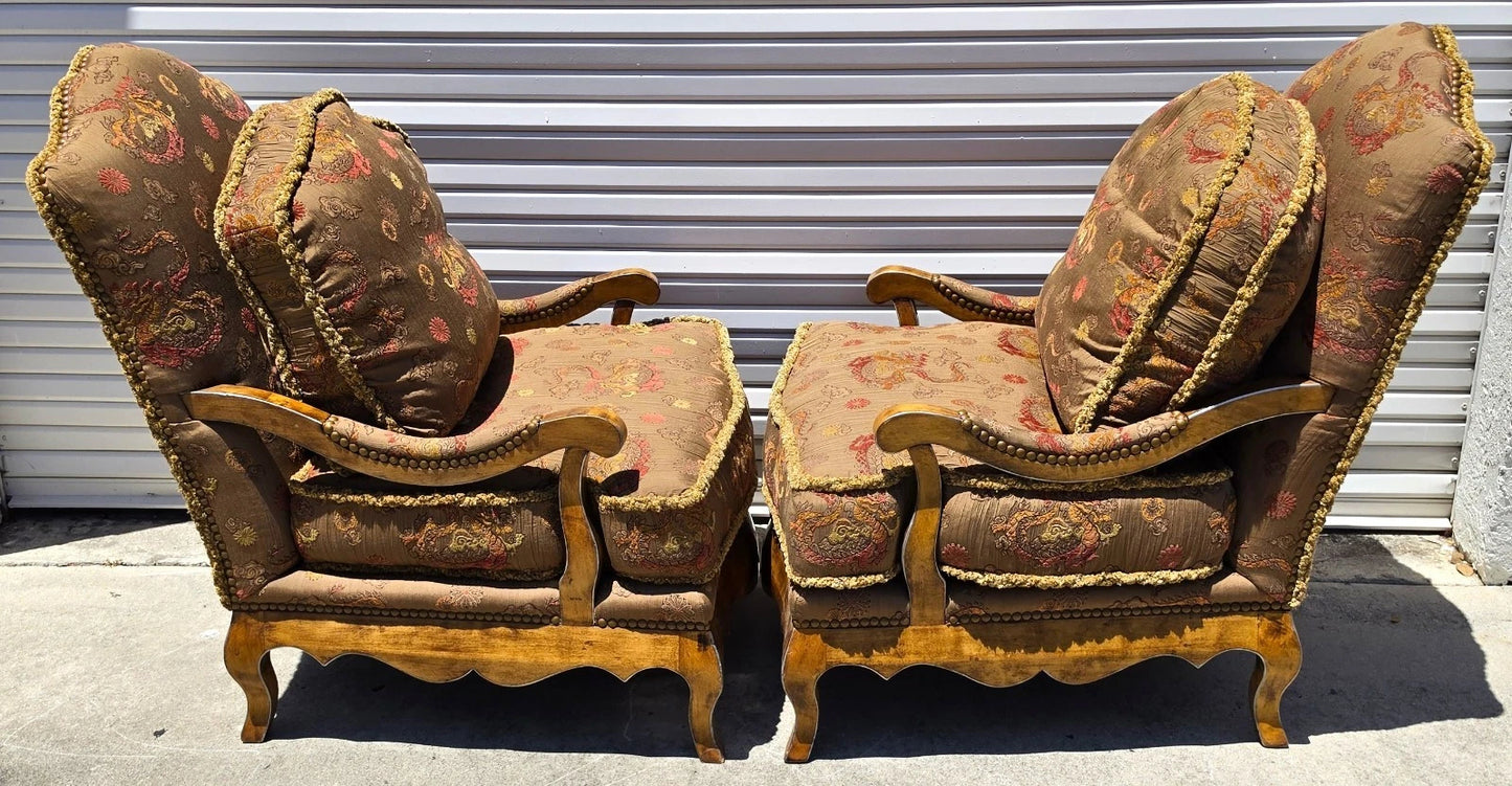 Classics French Louis XV Bergère Armchairs Chinoiserie Fabric Down Cushions