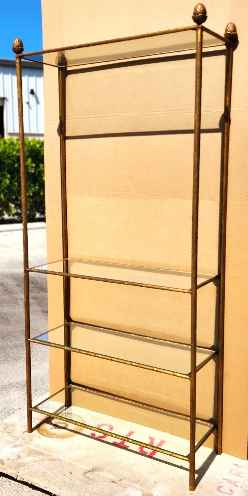 Gilt Iron & Glass Faux Bois Étagère Bookcase Shelf Mid Century