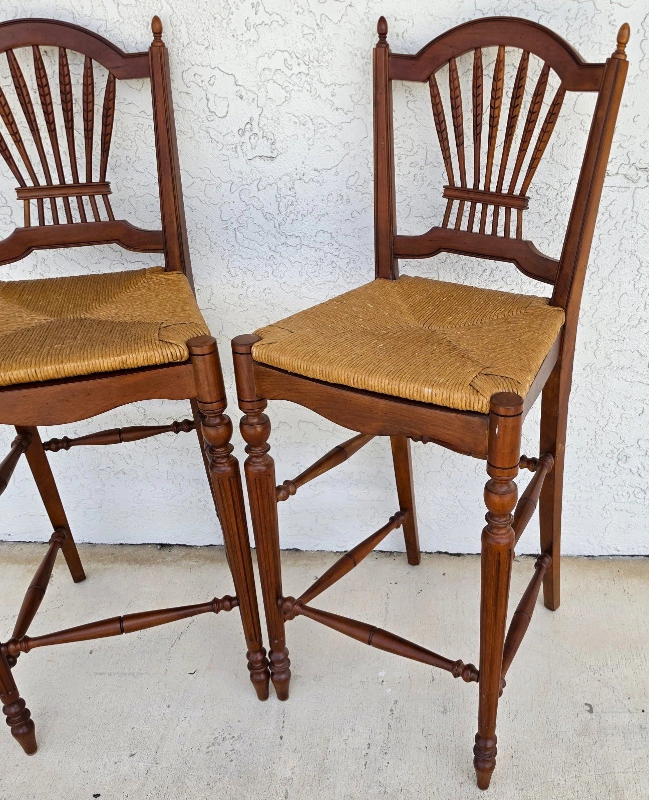 Ethan Allen Country French Wheat Sheaf Back Rush Seat Bar Stools Set of 2