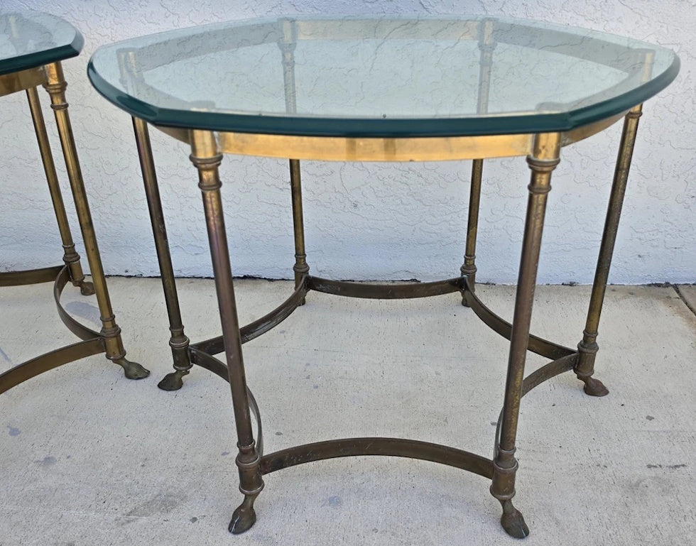 Vintage Labarge Side Table Brass Glass Hoof Footed Octagonal