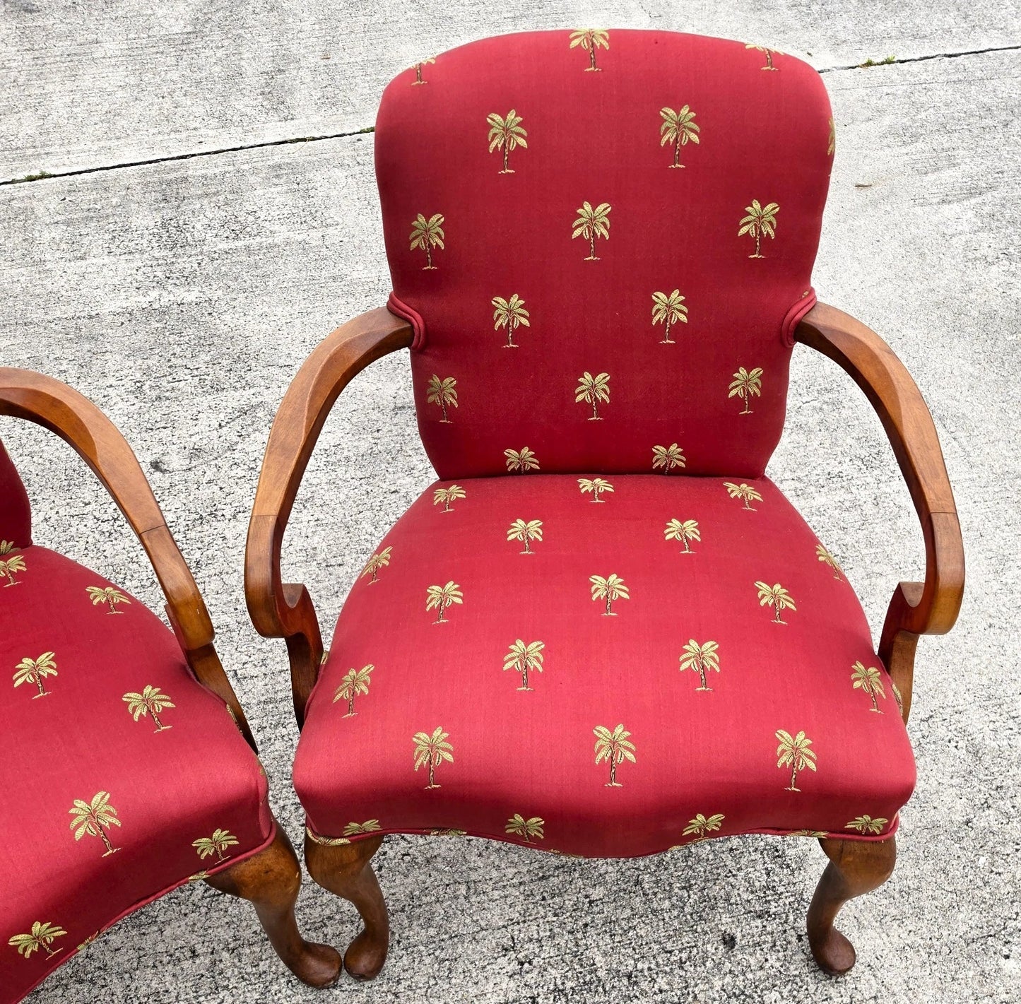 Vintage Queen Anne Gooseneck Armchairs with Palm Tree Upholstery Pair