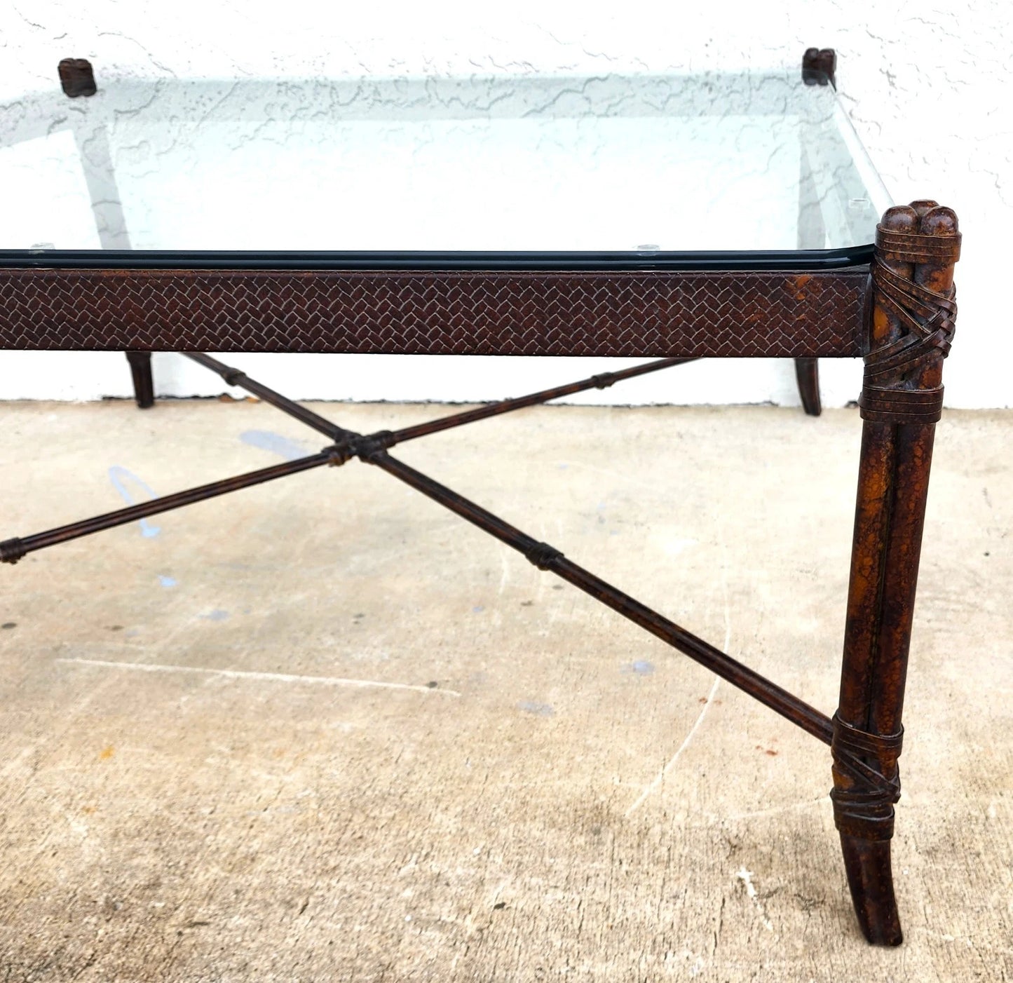 Maitland Smith Style Faux Metal Bamboo Glass & Leather Cocktail Table