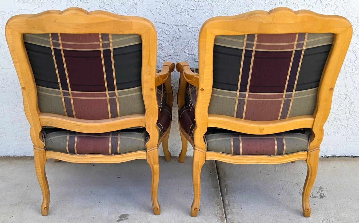 Vintage Louis XV French Provincial Armchairs Plaid Tartan Fauteuil Cabriole Legs