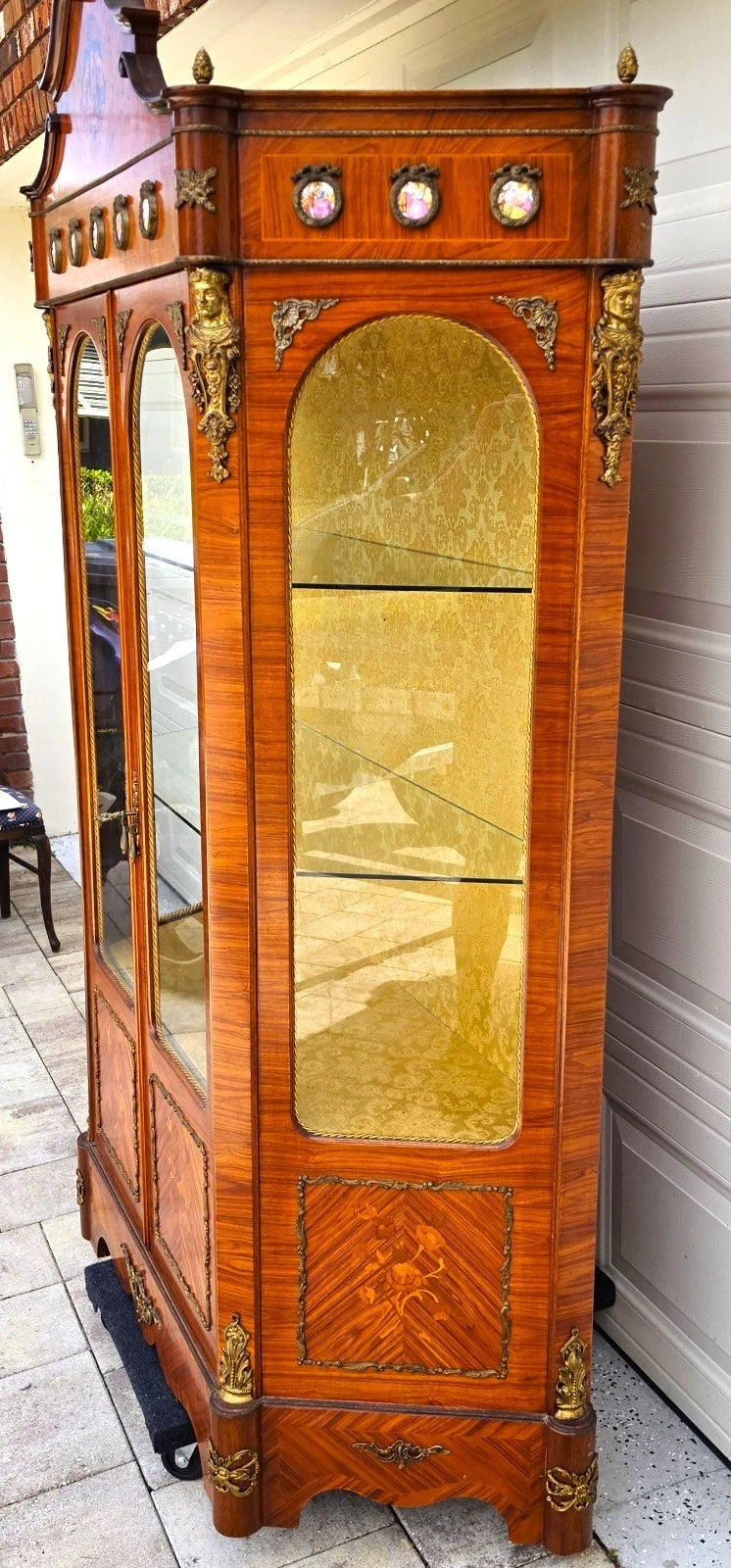 French Louis XV Marquetry Display Cabinet Figural Mounts Porcelain Medallions
