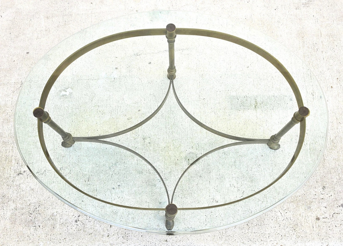 Vintage LaBarge Oval Brass Hoof Footed Glass Top Coffee Table Neoclassical
