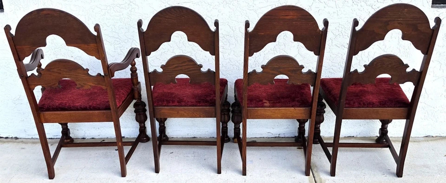 Antique English Oak Tudor Jacobean Dining Chairs 1930's Set of 4