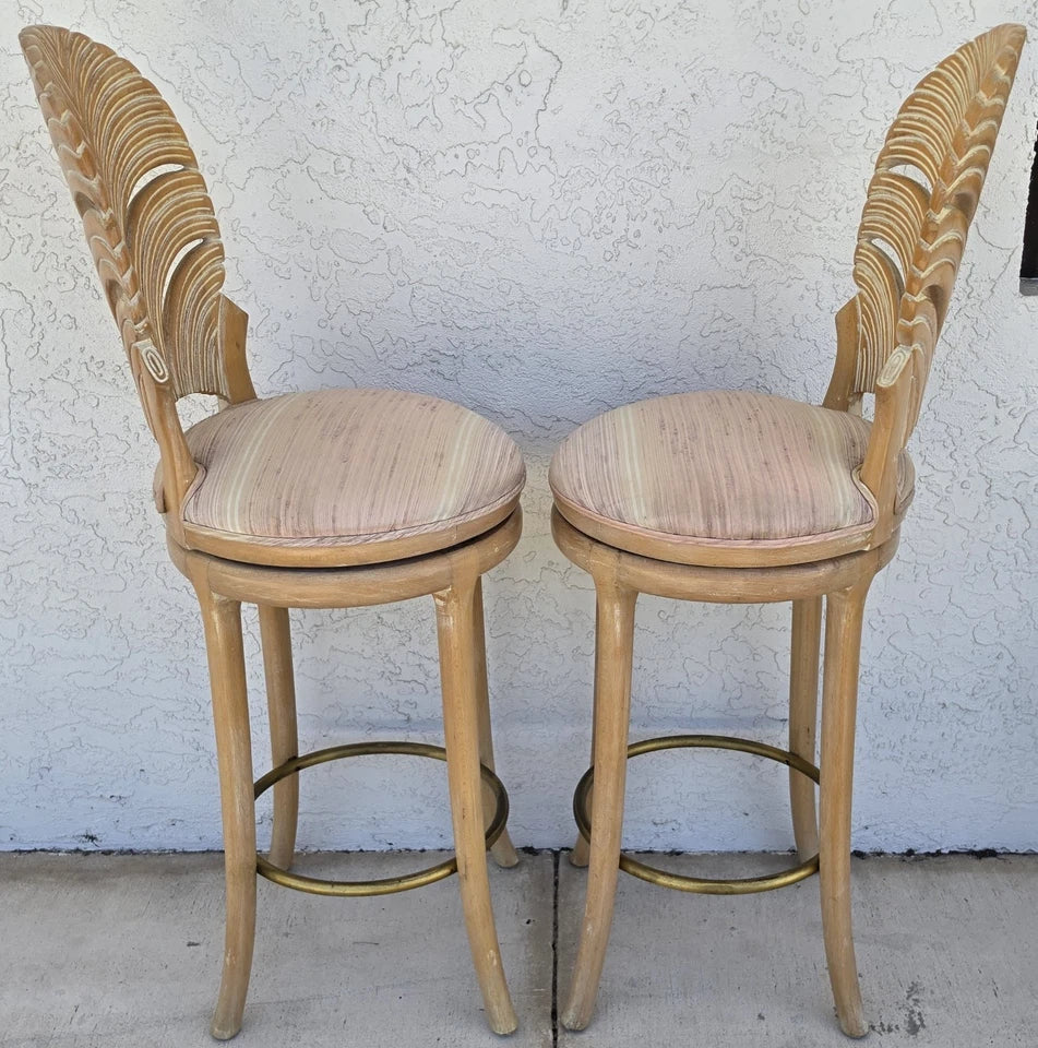 Vintage Venetian Grotto Style Carved Wood Palm Leaf Barstools Set of 2