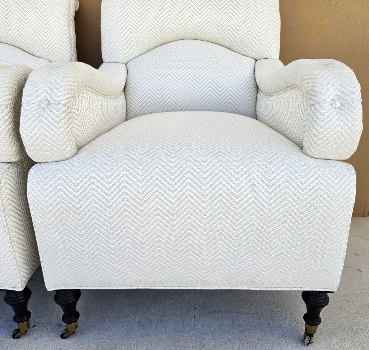 Pair Baker English Country Scroll Arm Lounge Chairs Tufted Herringbone Casters