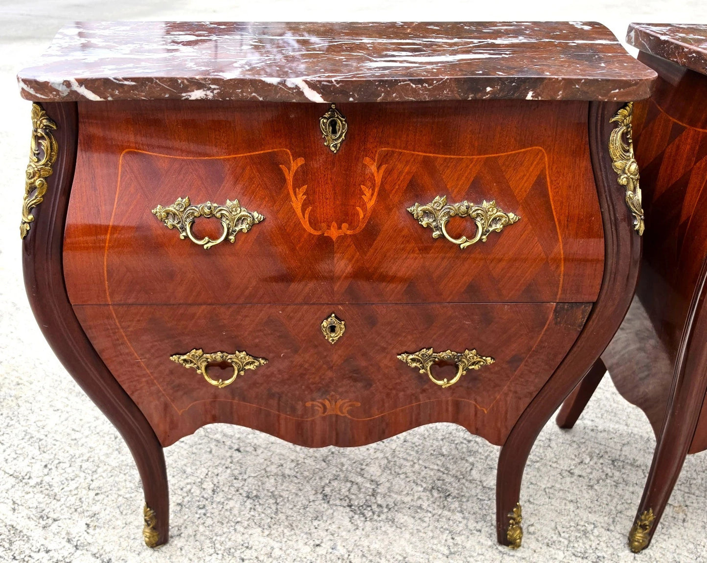 Pair of French Louis XV Style Bombe Commodes Bedside Tables Nightstands