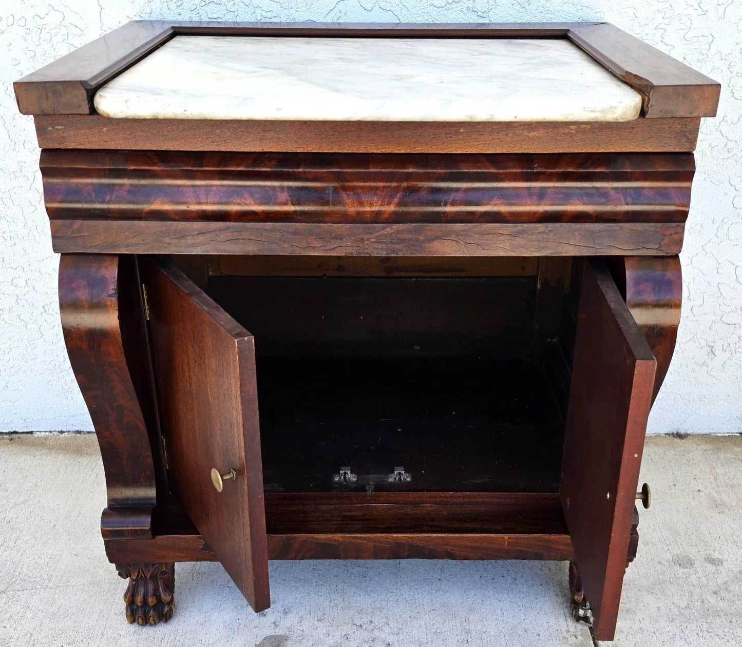 19th Century American Empire Flame Mahogany & Marble Cabinet Side Table