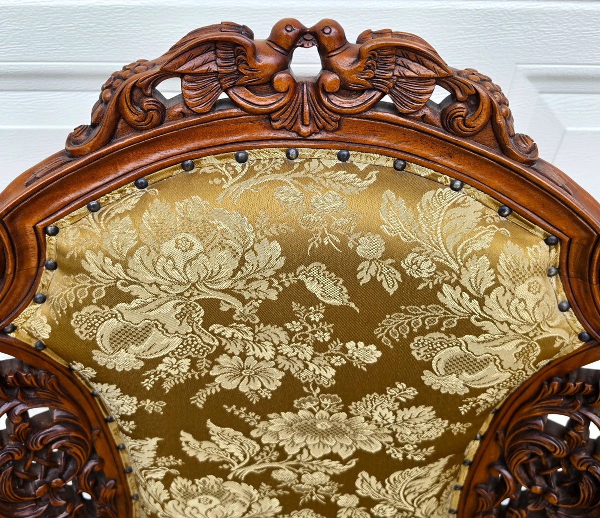 Victorian Rococo Revival Carved Bird Crest Music Room Wingback Armchair