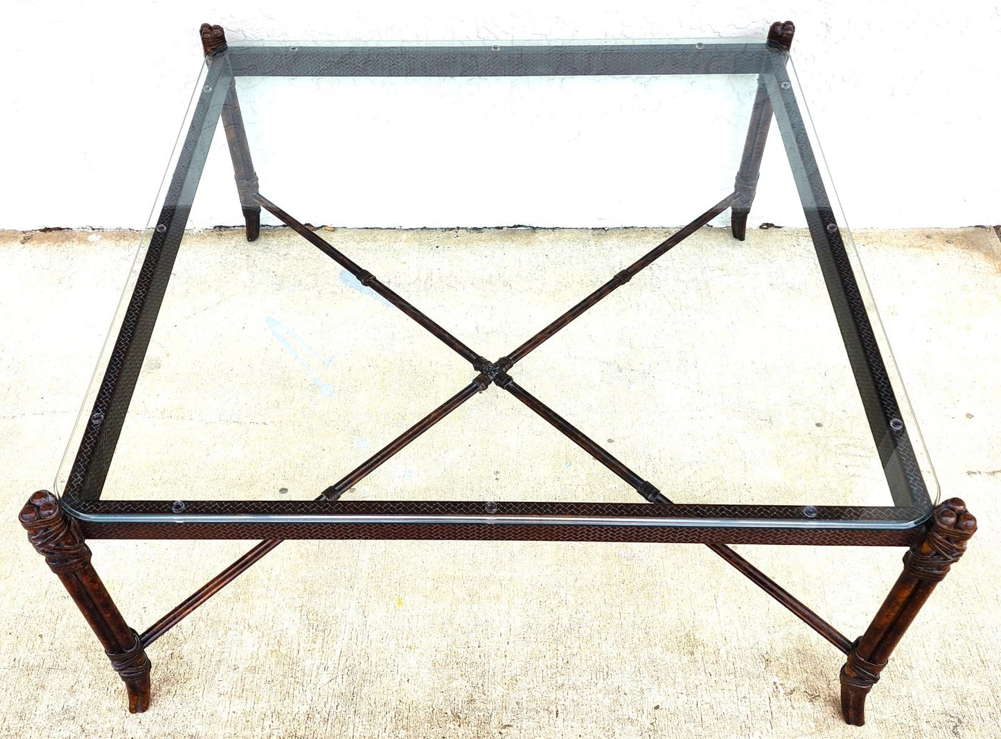 Maitland Smith Style Faux Metal Bamboo Glass & Leather Cocktail Table