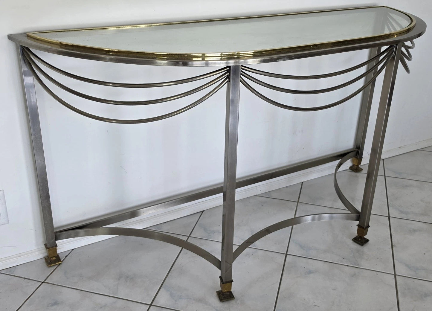 Vintage Hollywood Regency Demilune Chrome & Brass Console Table
