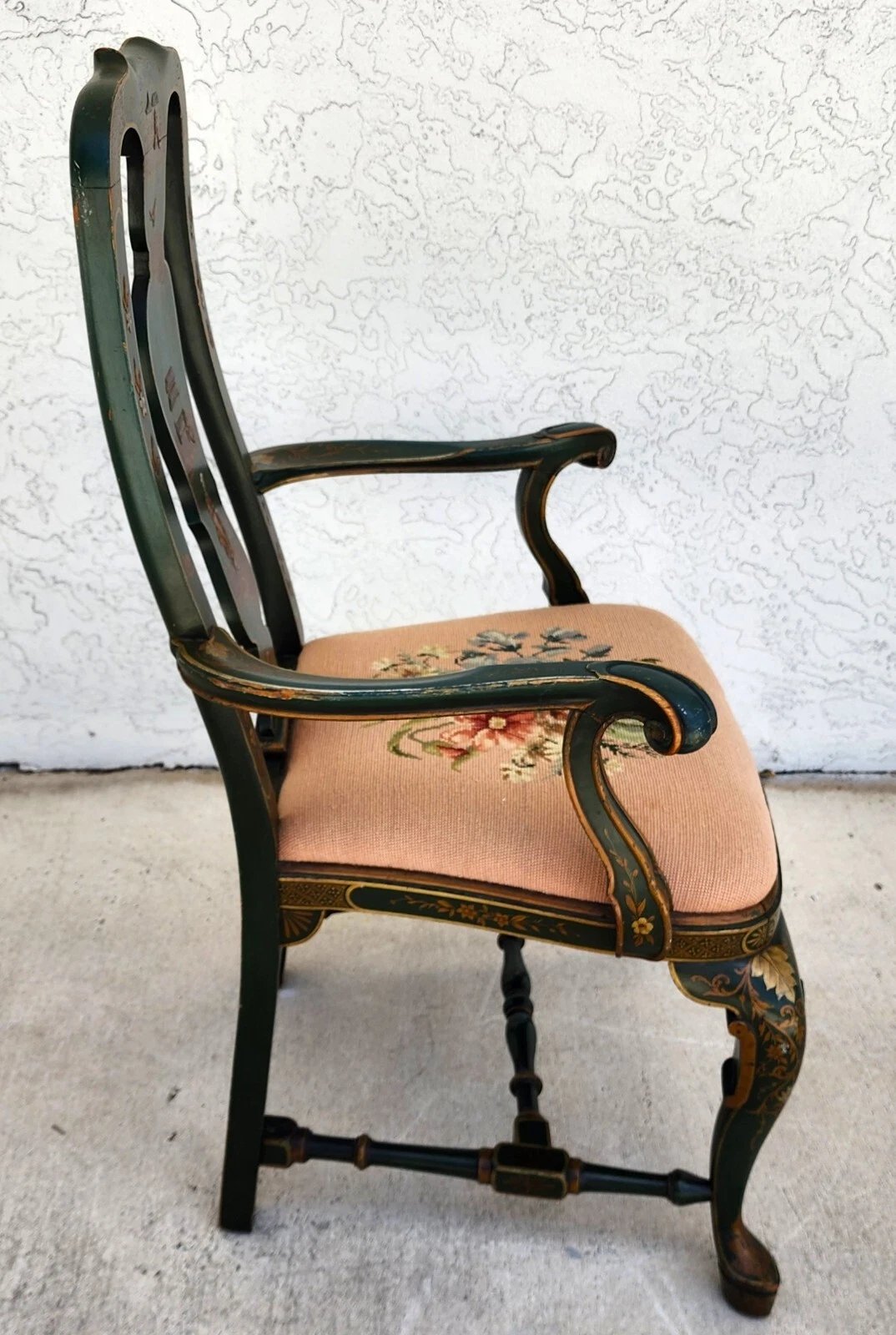 Antique Chinoiserie Decorated Queen Anne Arm Chair ca 1930