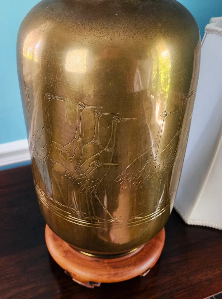 Vintage Asian Brass With Cranes Table Lamp