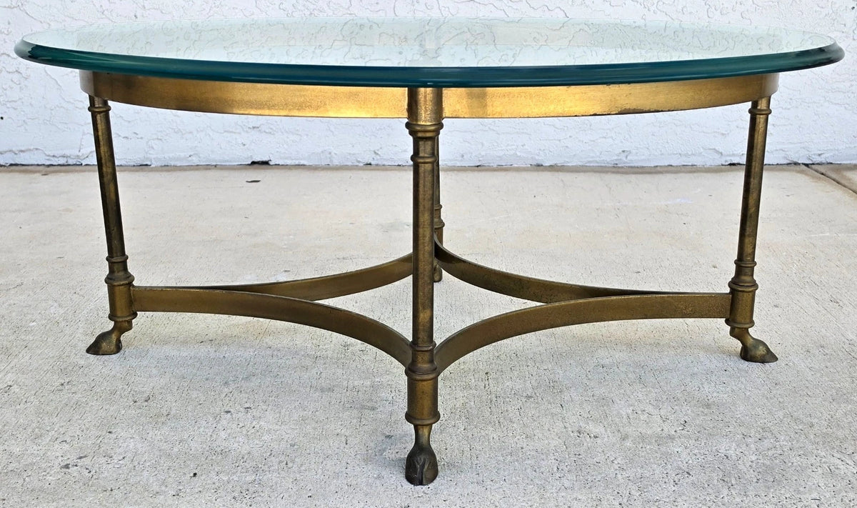 Vintage LaBarge Oval Brass Hoof Footed Glass Top Coffee Table Neoclassical