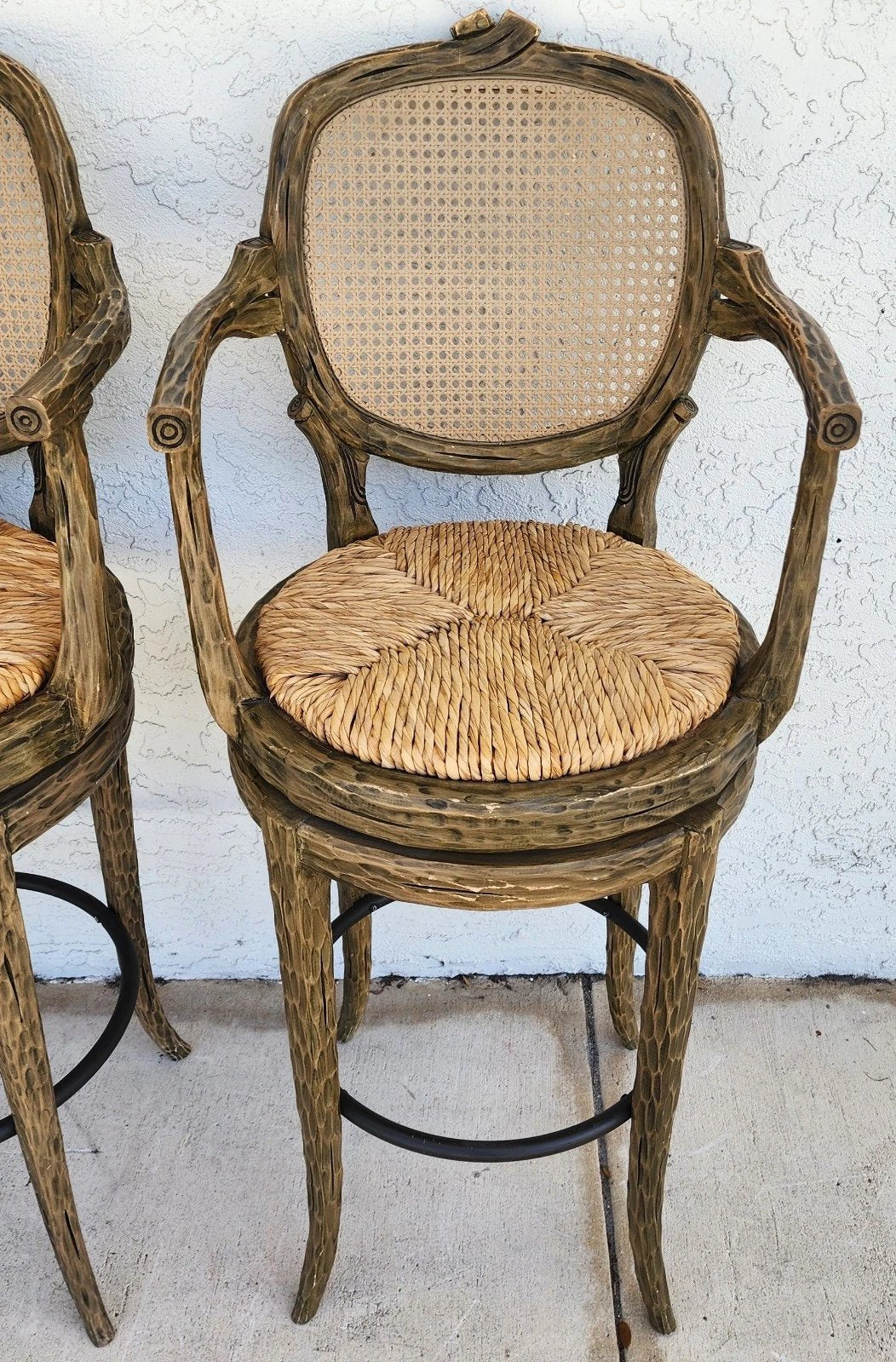 French Country Barstools Faux Bois Swivel Set of 3
