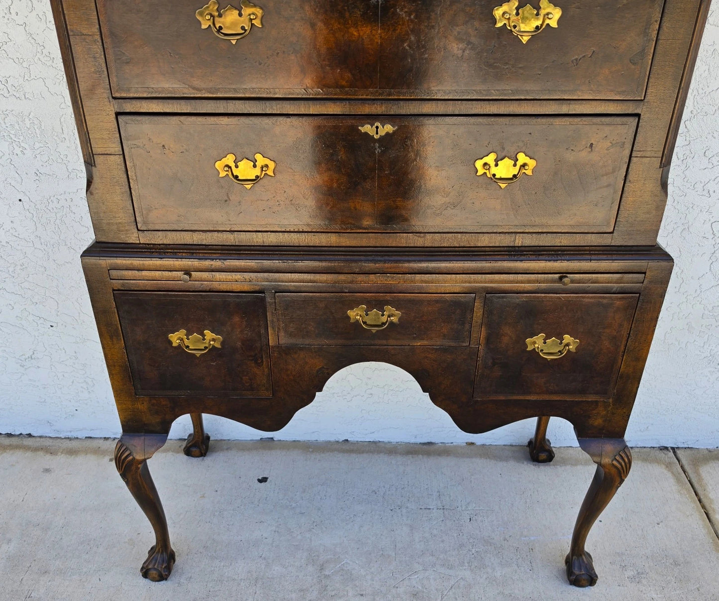 Antique Walnut Highboy Dresser Desk With Pullout Writing Surface