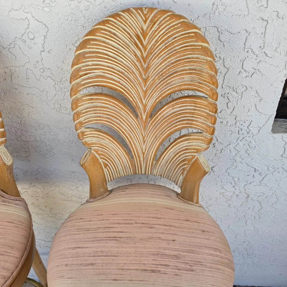 Vintage Venetian Grotto Style Carved Wood Palm Leaf Barstools Set of 2