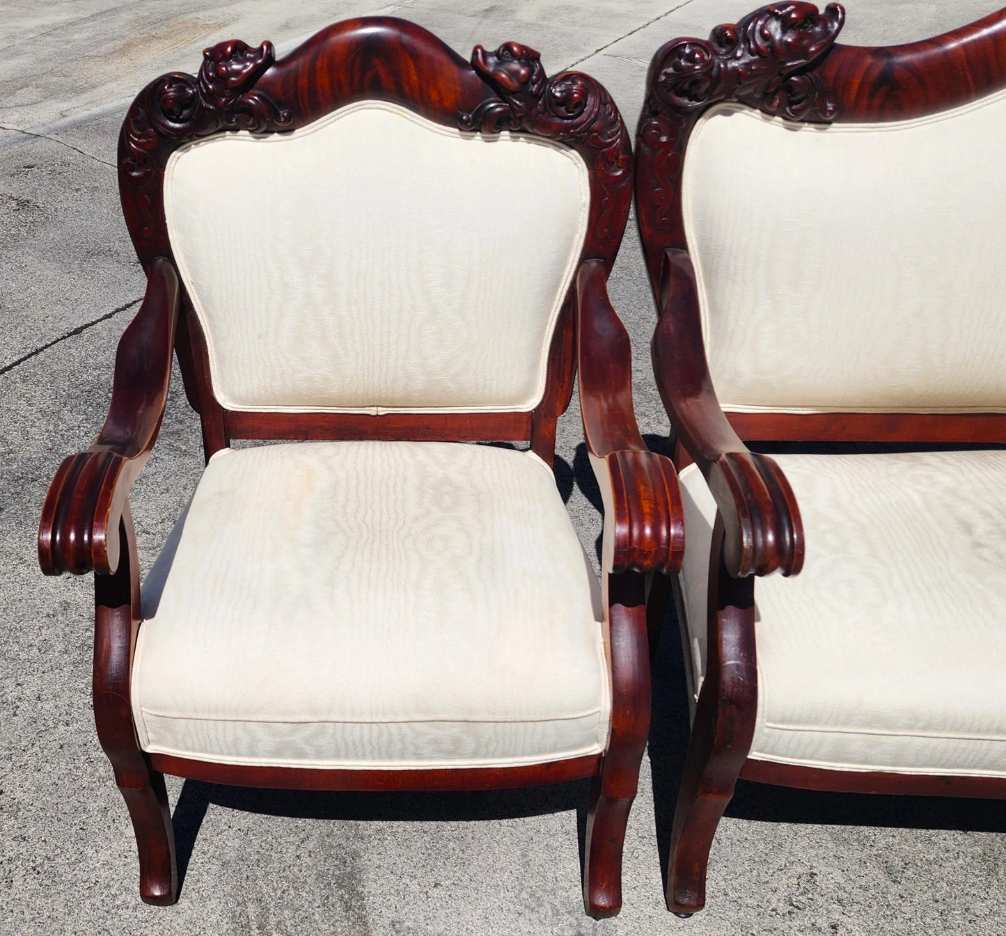 Antique Asian Rosewood Carved Foo Dogs Living Room Suite 3 Piece Sette 2 Chairs