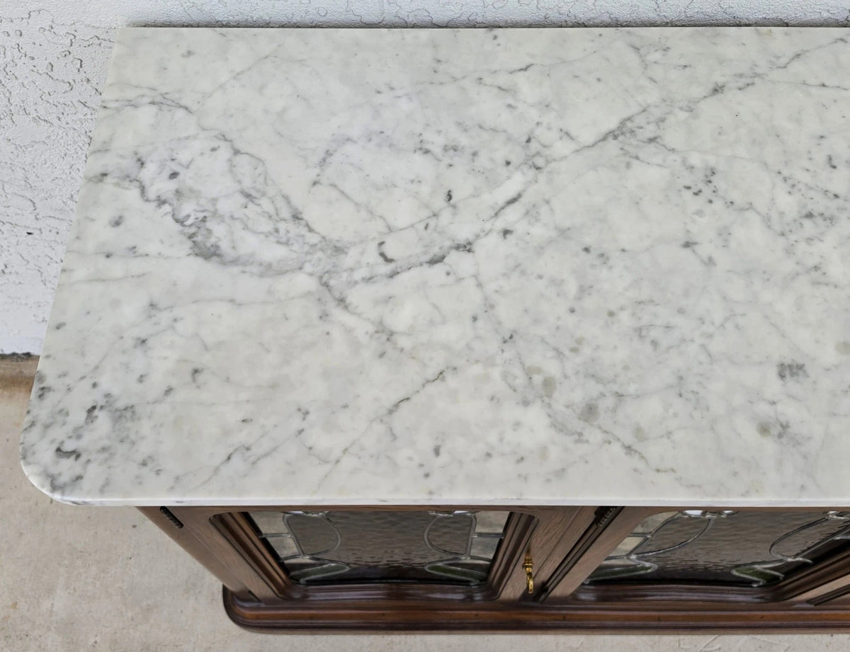 Drexel Et Cetera Art Nouveau Leaded Glass Marble Top Buffet Sideboard Dry Bar