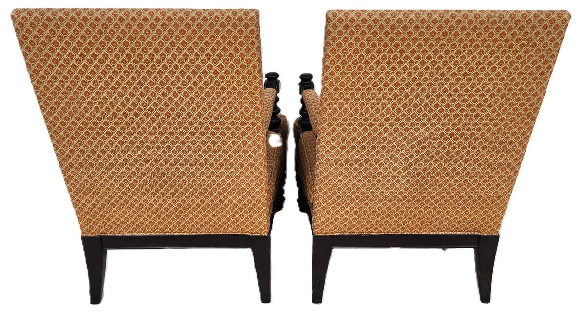 Jacobean Louis XIII Style Bobbin Turned Lounge Armchairs Ebonized Nailhead Pair
