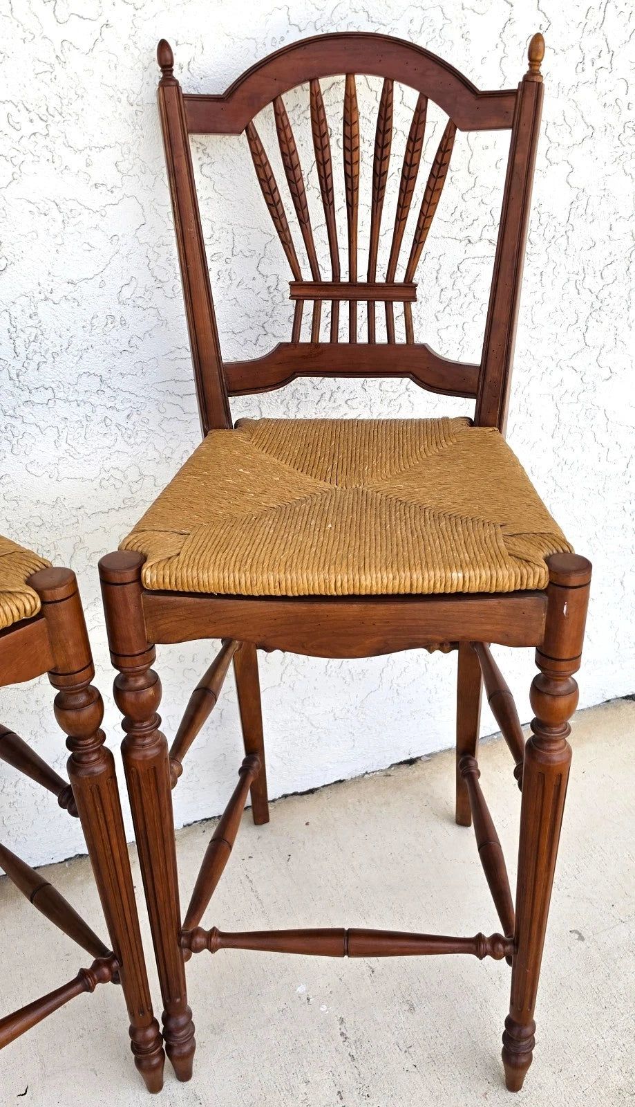Ethan Allen Country French Wheat Sheaf Back Rush Seat Bar Stools Set of 2
