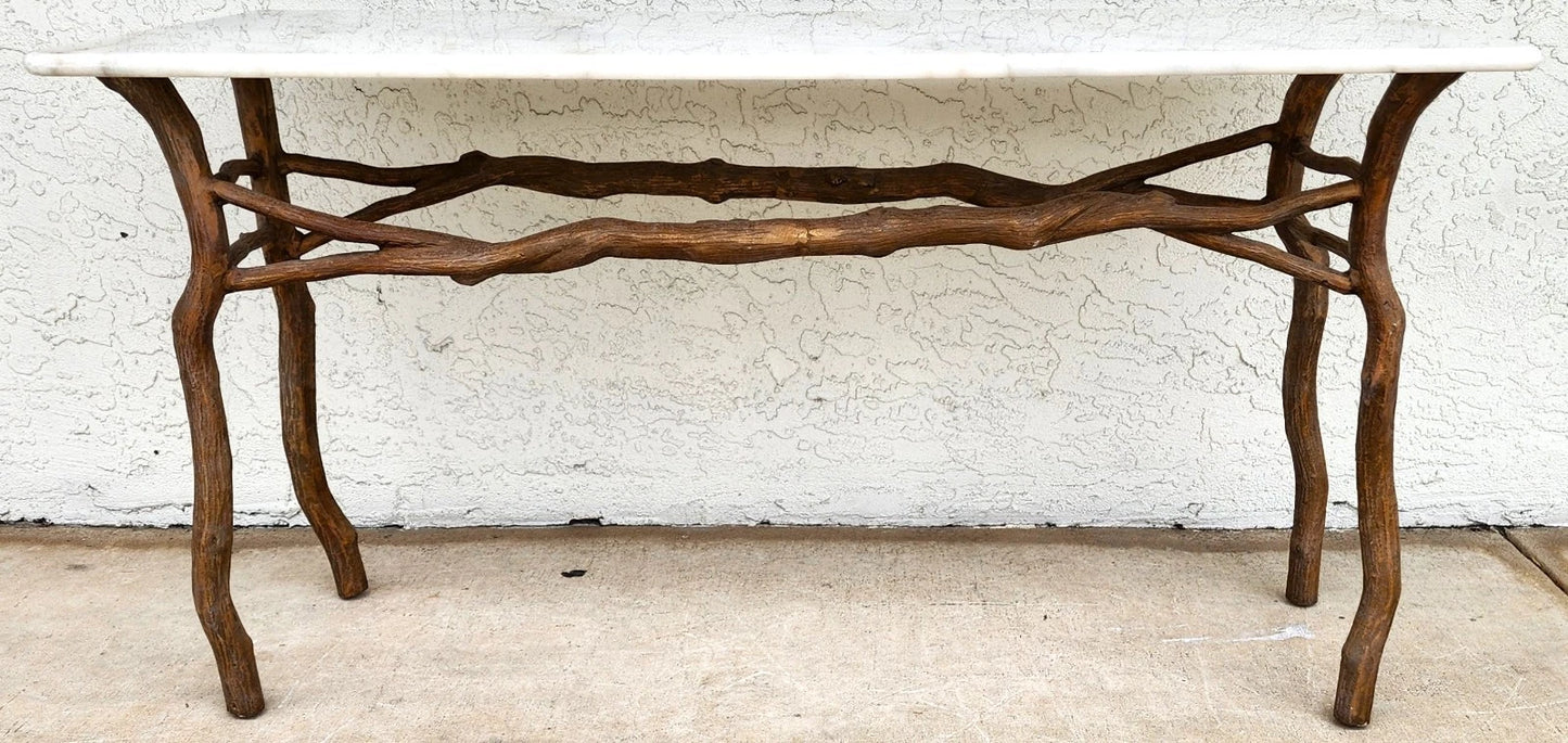 Vintage French Rustic Metal & Marble Faux Bois Branch Console Sofa Table