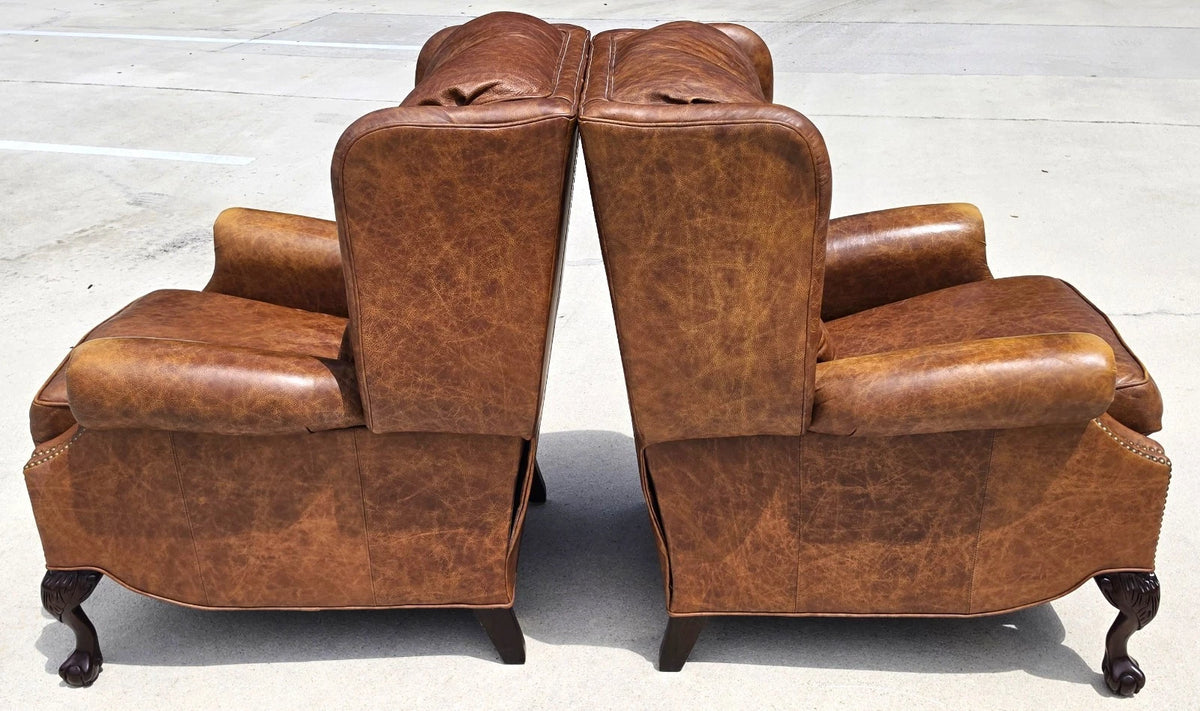 Vintage MOTIONCRAFT Chippendale Leather Wingback Recliners Ball & Claw Pair