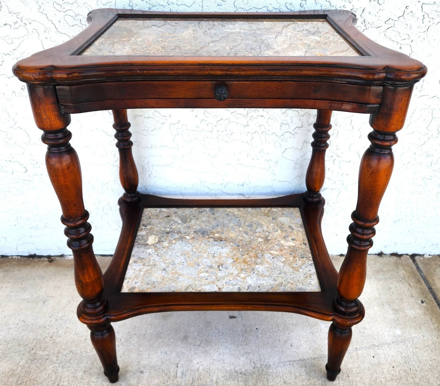 Theodore Alexander 2 Tier Mahogany & Marble Side Lamp Table With Pullout Top