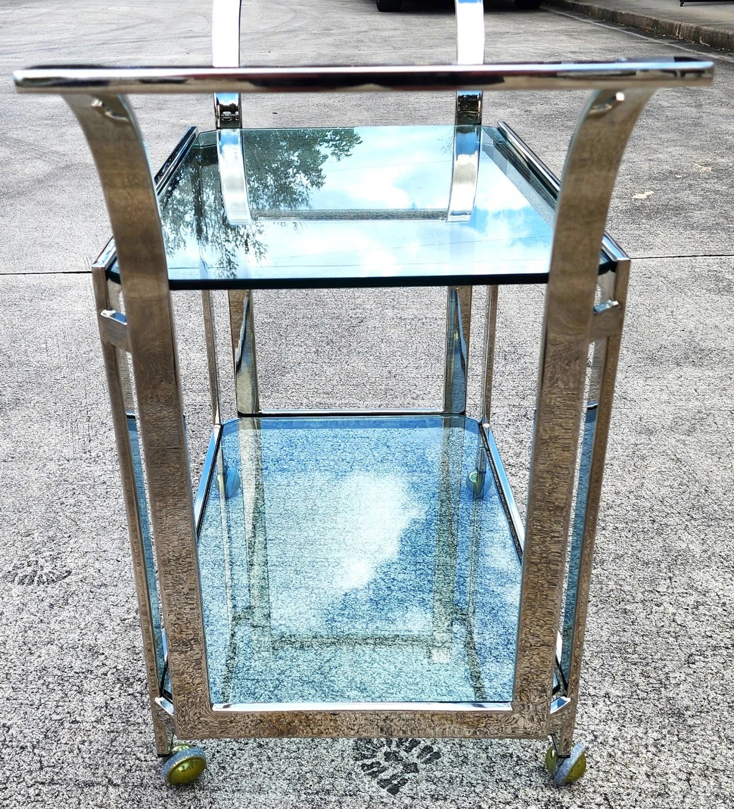 MCM Milo Baughman Style Chrome Bar Serving Cart 1970s