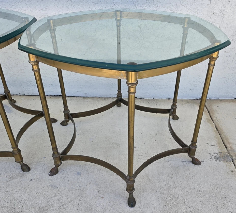 Vintage Labarge Side Tables Brass Glass Hoof Footed Octagonal Pair